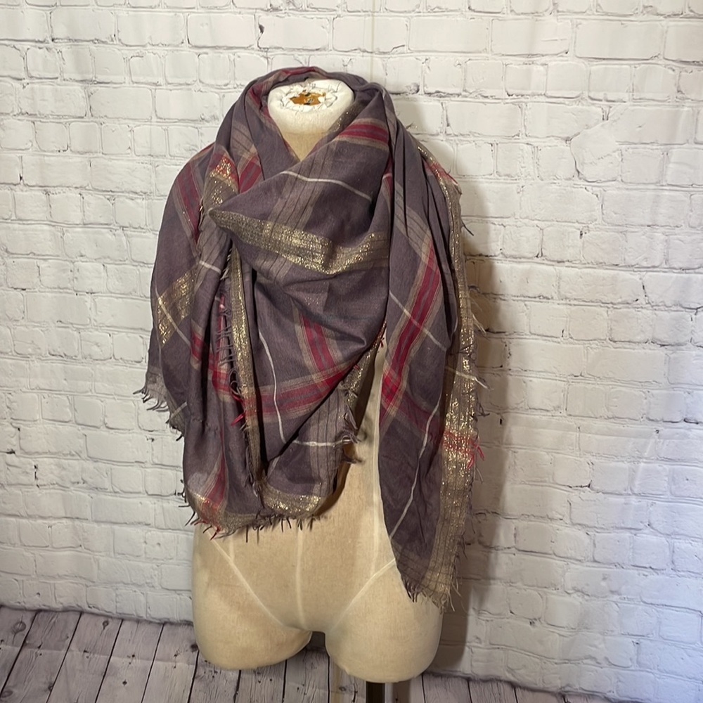 Plaid square blanket scarf gold, red brown